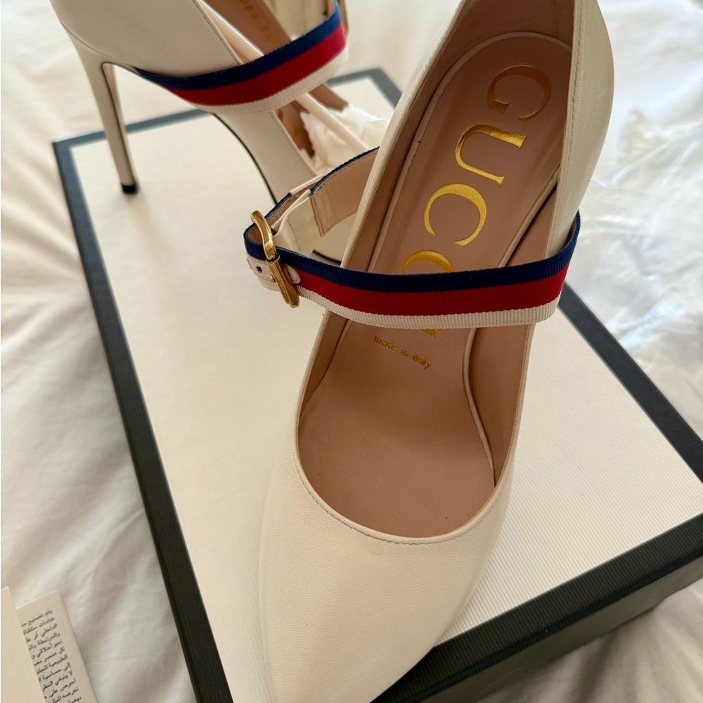 New! Gucci Women's White Heels with Tricolor Strap